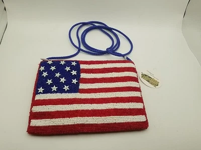 American Flag Small Glass Beaded Crossbody Purse Bag Silk Lining Patriotic USA - Image 1 of 4
