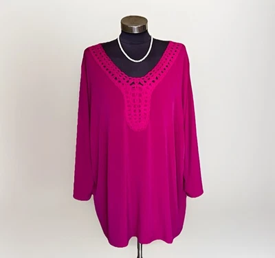 Susan Graver Pink Liquid Knit Woven Lace V-Neck Tunic Top Blouse 2X - Image 1 of 4