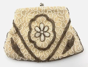 Borsa da sera vintage pochette art deco perline foderata floreale beige fatta a mano Belgio - Foto 1 di 6