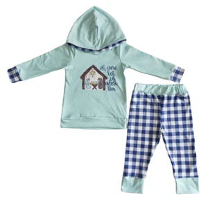 Boys Blue Plaid Nativity Hoodie Set 2pcs Christmas Outfit - Picture 1 of 1