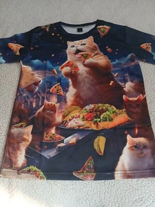 Novelty T-Shirt top Unisex Cats Eating pizza and tacos New Size 150 - Picture 1 of 7