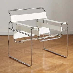 Steel AccentChair Modern RetroMidCentury Armchair Minimal Leather Lounge White - Picture 1 of 6