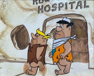 Flintstones Fred Barney Animation Cel AND Background Hanna Barbera 1962 Matted - Image 1 of 4