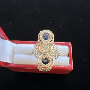 Antique Filagree Ladies Ring 14 K White Gold Sapphire And Diamond - Picture 1 of 5