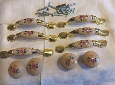 Vtg Floral Ceramic & Brass Drawer Pulls &Knobs Lot Of 10 + Screws - Image 1 of 3