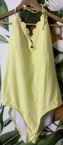 Jessica Simpson XL Yellow Striped Scallop Print Tie Back One Piece Swimwear New - Picture 1 of 4
