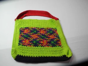 Handmade Crochet Tote Bag Womens Multicolor Purse Knit Unique Red Strap Neon Gre - Picture 1 of 5