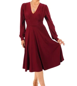 Neues weinrotes Fit and Flare Langarmkleid mit V-Ausschnitt - komplett gefüttert - Bild 1 von 6