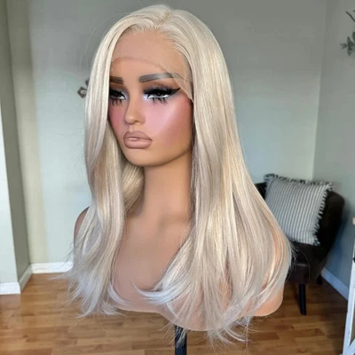 Pelucas rubias platino de 18 pulgadas 13x4 frente de encaje 100 % pelucas de cabello humano Foto 1 de 4