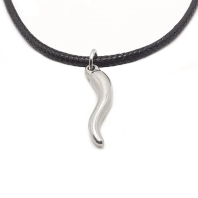 Collana con ciondolo Corno Cornetto Acciaio argento corda peperoncino Uomo Donna - Immagine 1 di 4