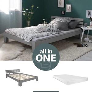 Doppelbett140x200 mit Matratze Lattenrost Holzbett Bett Gestell Grau Homestyle4u - Bild 1 von 13