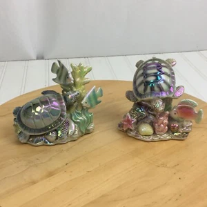 Sea Turtle and Fish Iridescent Ceramic Figurines Set of 2 - Picture 1 of 8