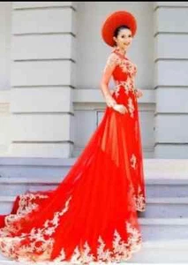 Red Ao Dai VietnameseTraditional Wedding Dress with Gold Embroidery and Train - Picture 1 of 15