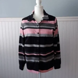 Denim & Co Women's S Fleece Button Down Shirt Sweater Shacket Striped Black Pink - Picture 1 of 5