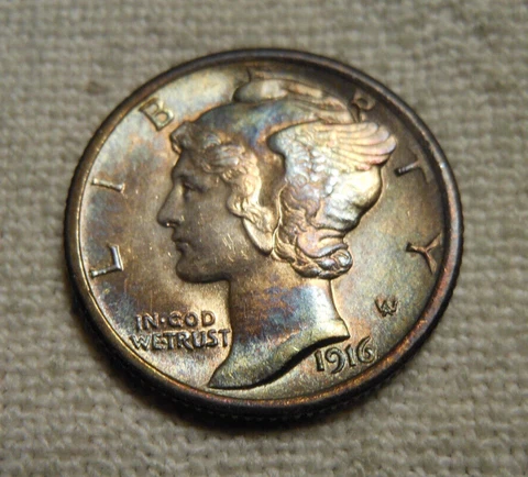 1916-P 90% SILVER MERCURY DIME FB FULL SPLIT BANDS UNCIRCULATED NICE TONING Cover
