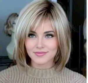 Layered Blonde Bob Wig Women Bangs Straight Short Hair Wig Synthetic Rooted - Picture 1 of 6