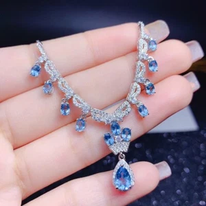 New Luxury Girl Jewelry Gifts Blue Topaz Gemstone Silver Women Necklaces 18'' - Picture 1 of 6