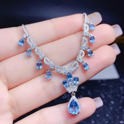 New Luxury Girl Jewelry Gifts Blue Topaz Gemstone Silver Women Necklaces 18'' - Image 1 of 4