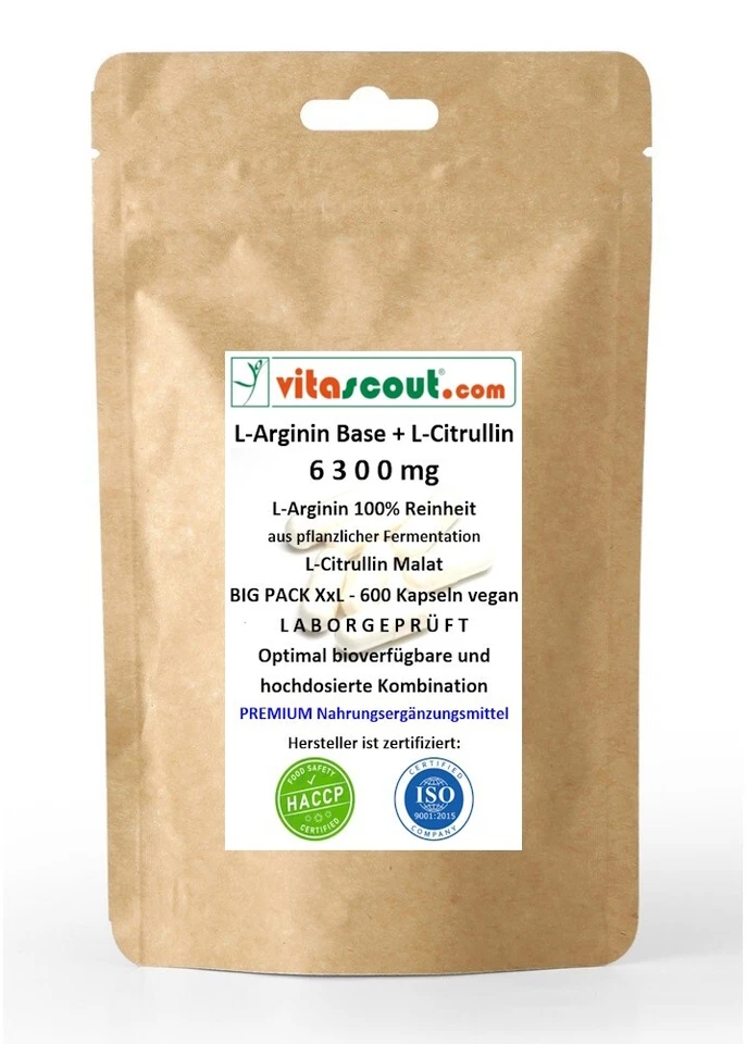 L-ARGININ BASE 100% + CITRULLIN 6300mg 600 Kapseln pflanzlich VEGAN LABORGEPRÜFT - Bild 1 von 4