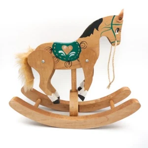 VTG Handmade Wooden Toy Clacking Rocking Horse Leather Ears Fur Tail 9” - Picture 1 of 12