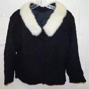 C11 Black 60s Cocktail Jacket Cardigan Ribbon Hand Knit White Mink Fur Collar - Picture 1 of 11