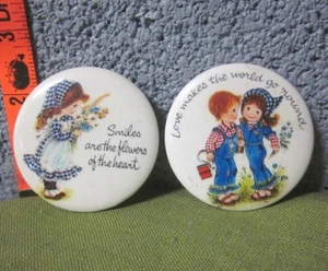 NORCROSS vtg country buttons Love Makes World Go Round overalls 1970s Smiles - Picture 1 of 2