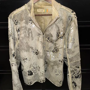 Chaqueta de piel de oveja floral rosa gris, plateada y negra TRUE GRIT Dry Goods talla L cremallera - Imagen 1 de 6