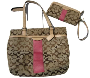 Coach F28504 Signature Bolso de Mano Caqui Claro/Rosa y Conjunto Cartera - Imagen 1 de 21