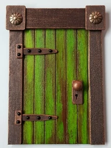 Handmade Rustic Wooden Fairy Gnome Ogre Aged Oak Castle Door - Rustic Green - Picture 1 of 4