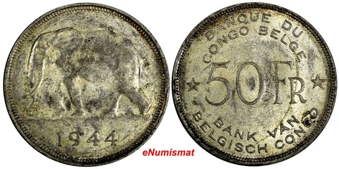 Belgian Congo Léopold III Silver 1944 50 Francs Elephant 1 YEAR SCARCE KM#27 (8) Cover