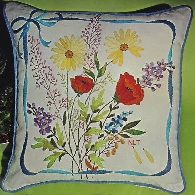 Kit bordado crewel vintage almohada amapolas flores silvestres núcleo de cabaña            Foto 1 de 4