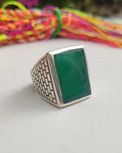 ANELLO UOMO ARGENTO 925 RING SILVER STERLING ONICE VERDE MISURA 19 U48 - Foto 1 di 8
