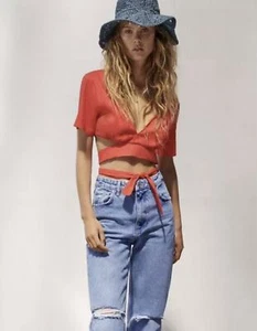 ZARA Women Size L Coral Linen Blend Cropped Top With Wrap Tie Bow Boho Beach - Picture 1 of 10