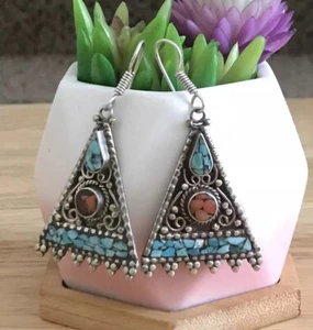 Vintage Turquoise Coral Tibetan Earrings - Imagen 1 de 5
