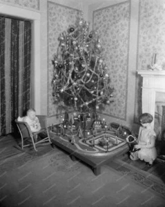 Baby & Girl At Christmas With Train 8x10 Reprint Of Old Photo - Picture 1 of 1