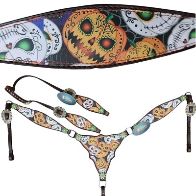 Halloween Tack Set for Horse -Black, White, and Orange Halloween Pumpkin Print - Image 1 of 4