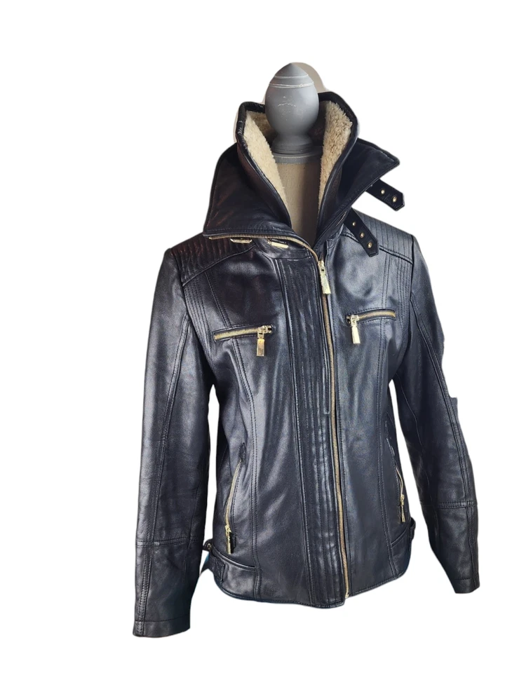 Vince Camuto 女式 L Moto 皮革夹克羊羔皮革人造毛皮领  — 第 1/4 张图片