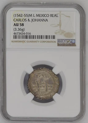1542-M L NGC AU 58 Mexico 1 Real Carlos Joanna Silver Reales Coin - Image 1 of 2