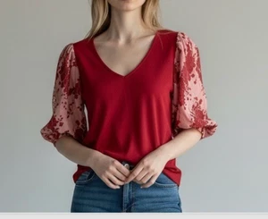 Neu ohne Etikett Dolan X Anthropologie rot rosa Puffärmel Blumenmuster Top Bluse GR-Large - Bild 1 von 7