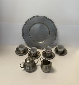 Vintage M. Schwyzer Lucerne Pewter Porcelain Demitasse Espresso Mocha Cup Set  - Picture 1 of 16