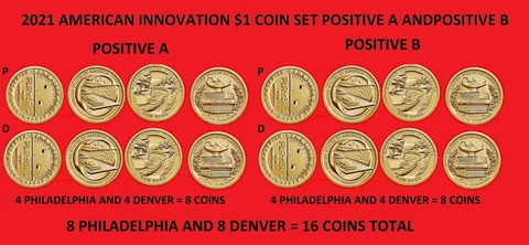 2021 American Innovation Dollar Coin P & D Positive A & B Set 16 Coins UNC Cover