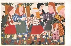 c.1914 sgd. Conrad Trautl Six Girls Playing post card Cizek's Vienna Art School - Picture 1 of 2