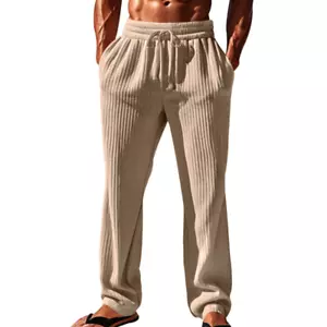 Young Men Drawstring Vertical Casual Sport Pants Fashion Beach Wide Leg Trousers - Picture 1 of 22