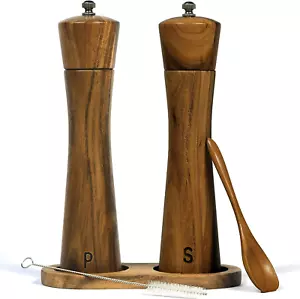 Salt and Pepper Grinder Set Acacia Wood Adjustable Pepper Mill Wooden Stand - Picture 1 of 7