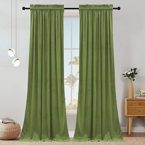 84in Long Velvet Curtains with Rod Pocket Thermal Insulated Soft Green Pair of 2 - Picture 1 of 8