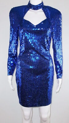 复古 Niteeline 蓝色亮片项圈连衣裙,尺寸 4 开背长袖 — 第 1/3 张图片