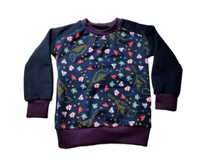 nachtblaues Langarmshirt Vogel Blumen handmade Jersey,Sommersweat - Bild 1 von 3