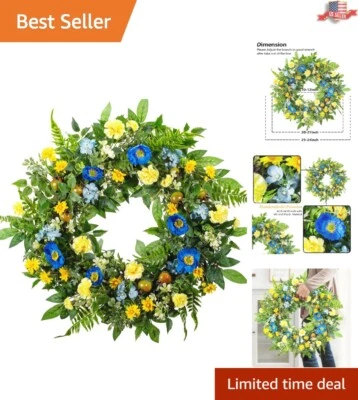 24-дюймовый весенний и летний цветочный венок — элегантный синий и желтый для входной двери - Изображение 1 из 4