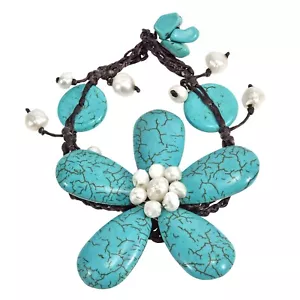 Pulsera orgánica grande de flor turquesa/perla hecha a mano - Imagen 1 de 4