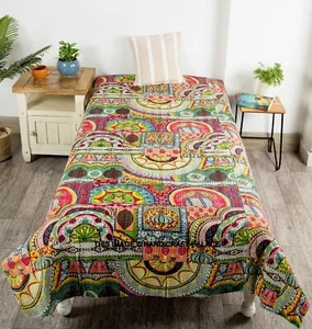 Indian Kantha Quilt Bedspread Ethnic Multi Cotton Reversible Bedding Gudri Twin - Picture 1 of 3